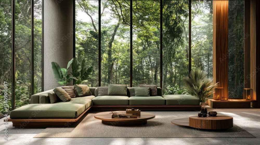 Modern green sectional sofa in jungle view living room Modern green sectional sofa in jungle view living room
