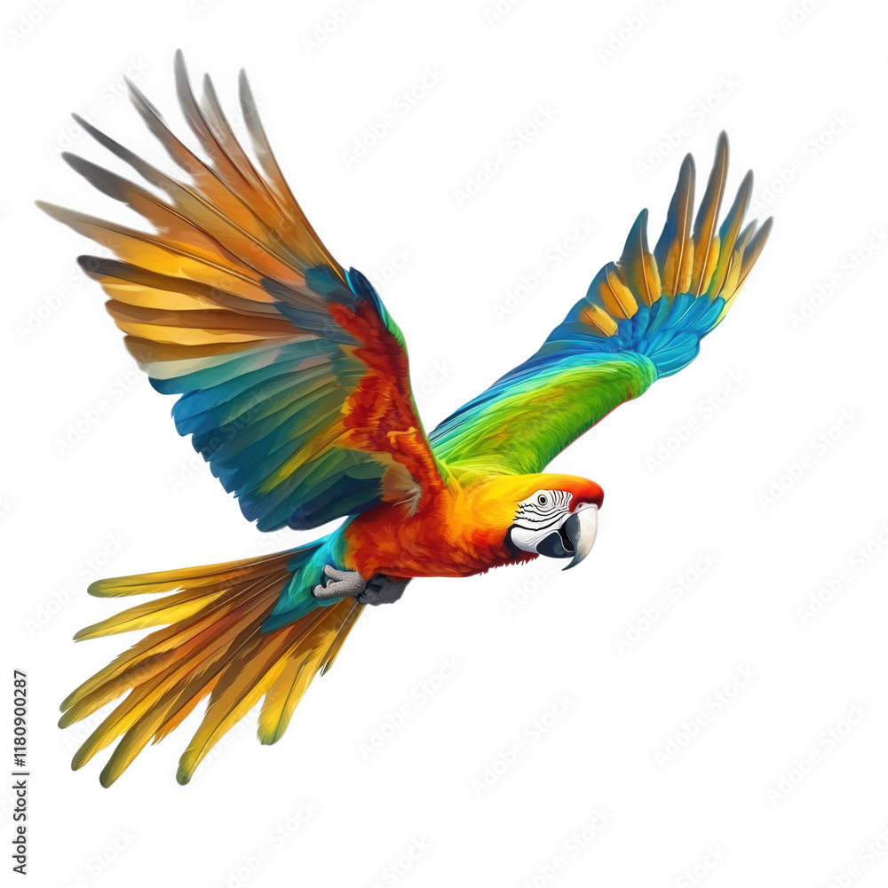 Fototapeta premium a vibrant macaw in mid-flight. showcasing its stunning plumage with a blend of bright colors. including blue. green. yellow. and red the parrot's wings are fully extended. emphasizing its grace and be