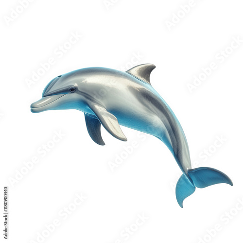 stylized. three-dimensional representation of a dolphin. showcasing its sleek body and graceful form. rendered in metallic shades of silver and blue against a plain white background this artistic depi photo