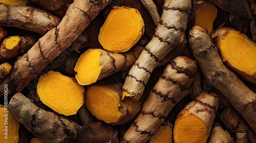 Vibrant Turmeric Roots: A Close-Up View of Freshly Harvested Spice AI Generated photo