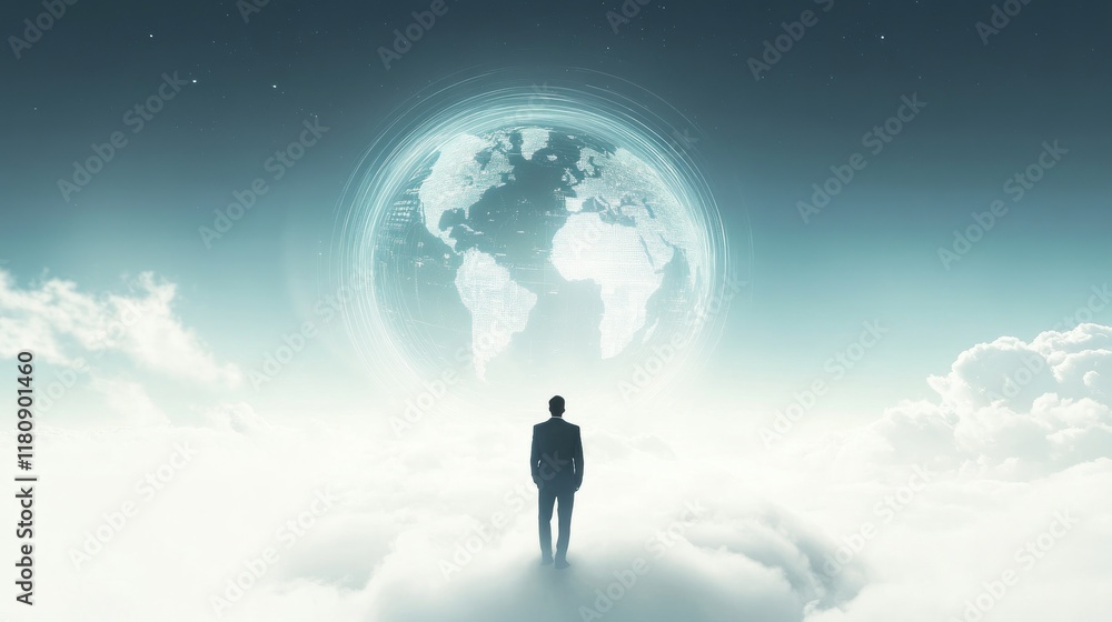 Man in suit stands on clouds gazing at a glowing Earth globe in the night sky. Man in suit stands on clouds gazing at a glowing Earth globe in the night sky.
