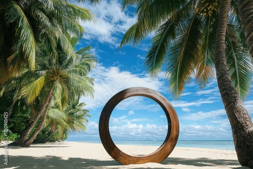 Tropical beach wedding arch, ocean view, palm trees photo