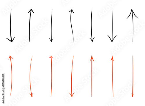 手描き風のベクターペンで描かれた赤と黒の多様な矢印セット
