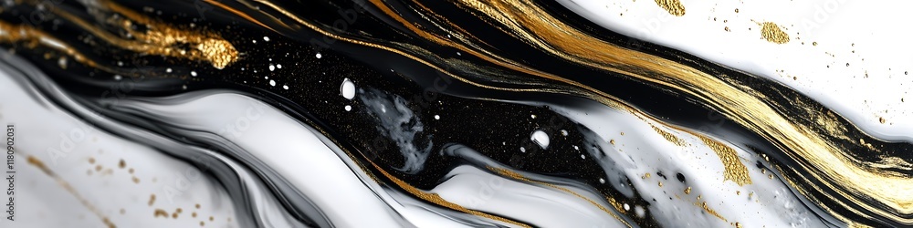 Obraz premium Fluid art with dramatic black and white contrasts accented by vibrant gold streaks