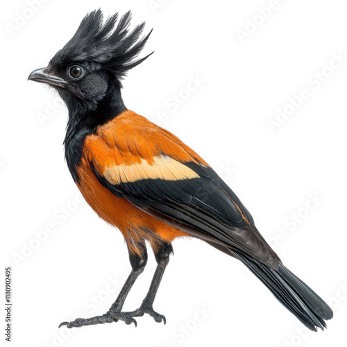 vibrant bird with striking orange and black plumage. complemented by a distinctive crest the bird is depicted in profile against a white background. showcasing its unique features and colors to highli photo