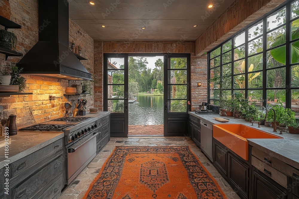 Fototapeta premium Rustic kitchen with lake view showcasing elegant design and vibrant colors during daylight