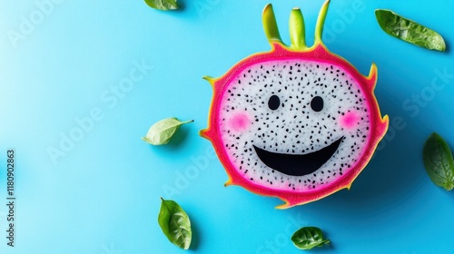 Dragon fruit slice with a happy face, vibrant colours, fresh leaves on a light blue background. photo