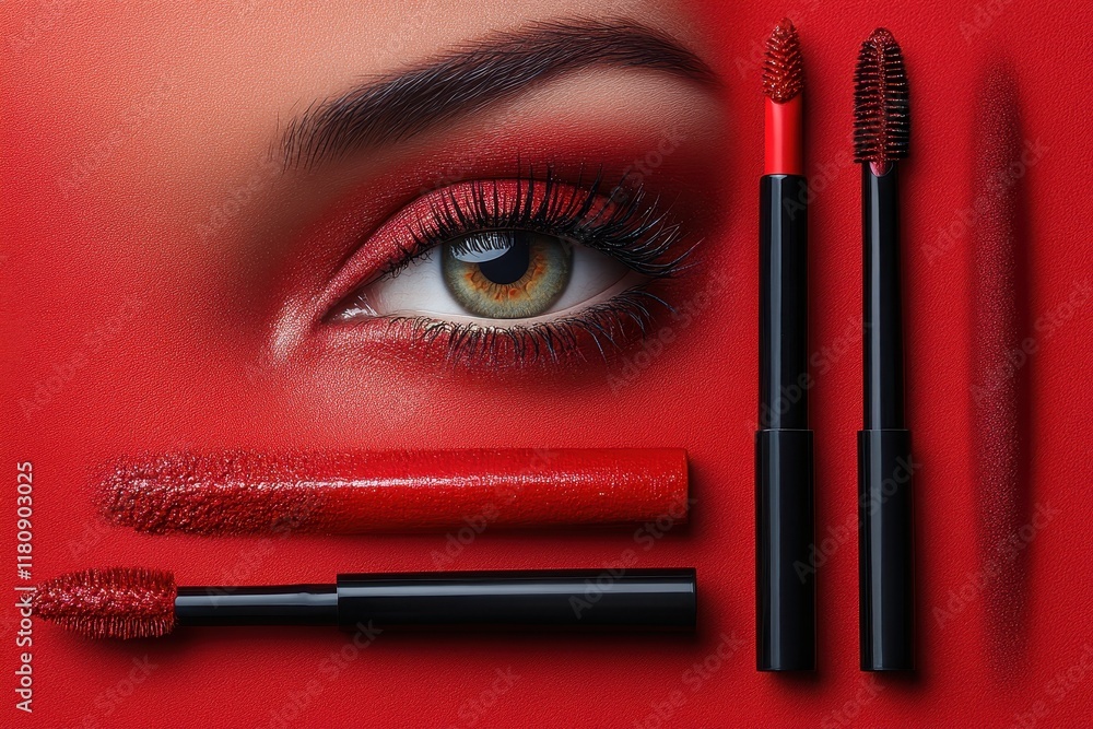 Obraz premium Eye makeup arrangement featuring red tones and cosmetic products on a vibrant background