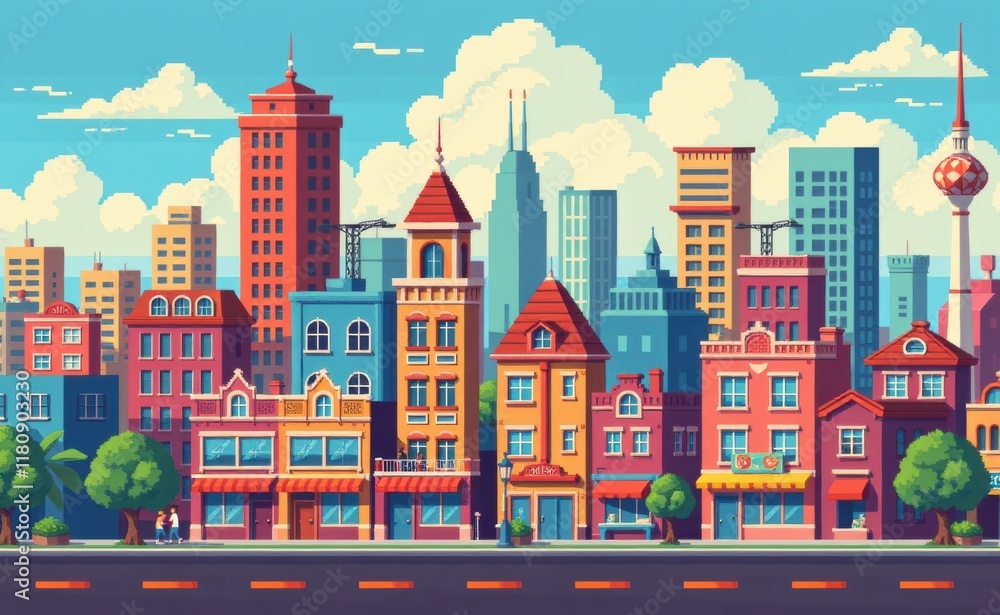 A pixelated cityscape illustration featuring a mix of modern skyscrapers and historic buildings, set against a vibrant blue sky with fluffy clouds. A pixelated cityscape illustration featuring a mix of modern skyscrapers and historic buildings, set against a vibrant blue sky with fluffy clouds.