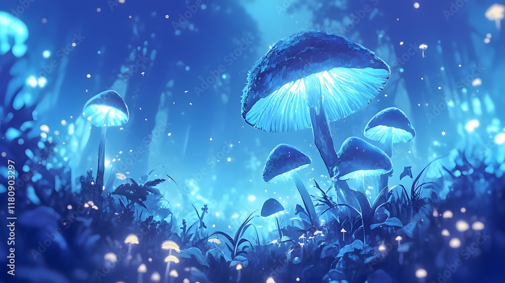 A serene scene of glowing mushrooms in a dark forest, casting a magical blue light and creating an enchanting atmosphere A serene scene of glowing mushrooms in a dark forest, casting a magical blue light and creating an enchanting atmosphere