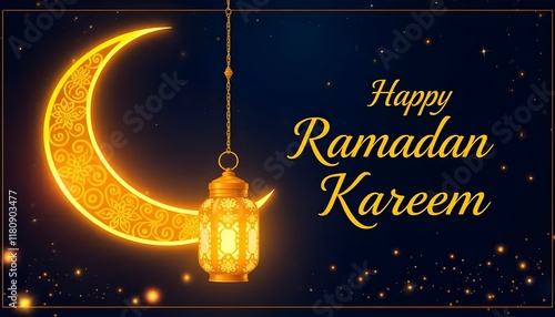 Ramadan kareem islamic greeting and 3d Crecent moon with lantern for Ramadan and Eid background. Design template with mosque for Muslim festival
 photo