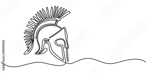 Continuous one line drawing of spartan helmet. Medieval, greek, roman, traditional, protection concept. Editable stroke vector, Continuous one line drawing of roman warrior helmet mask. One line pro. 