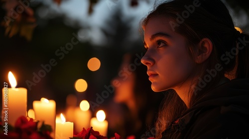 Girl prays, candlelight vigil, night, outdoors, remembrance photo