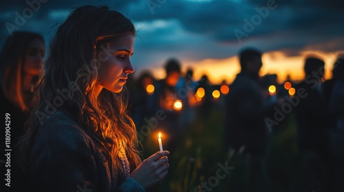 Woman holds candle, sunset vigil, remembrance