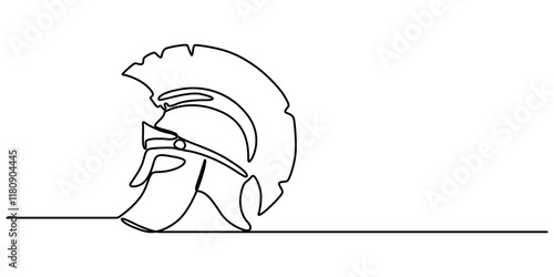 Continuous one line drawing of spartan helmet. Medieval, greek, roman, traditional, protection concept. Editable stroke vector, Continuous one line drawing of roman warrior helmet mask. One line pro.  photo