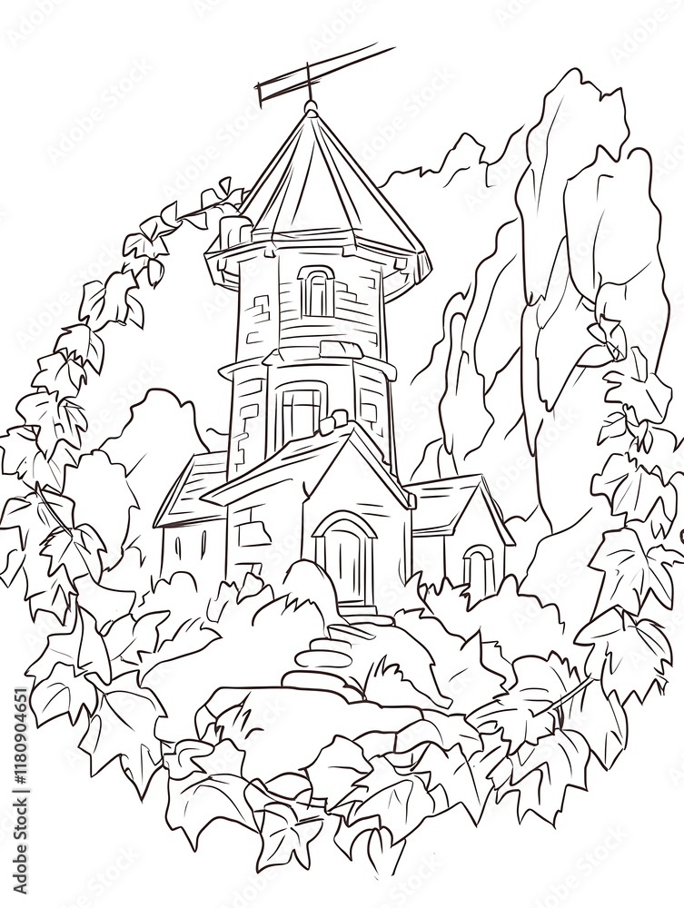 Tower House Surrounded by Vines and Rocks in an Outlined Drawing Style Illustration Image Tower House Surrounded by Vines and Rocks in an Outlined Drawing Style Illustration Image