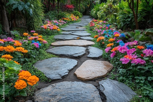 Colorful flower garden path with stone walkway amidst lush greenery in a serene outdoor setting