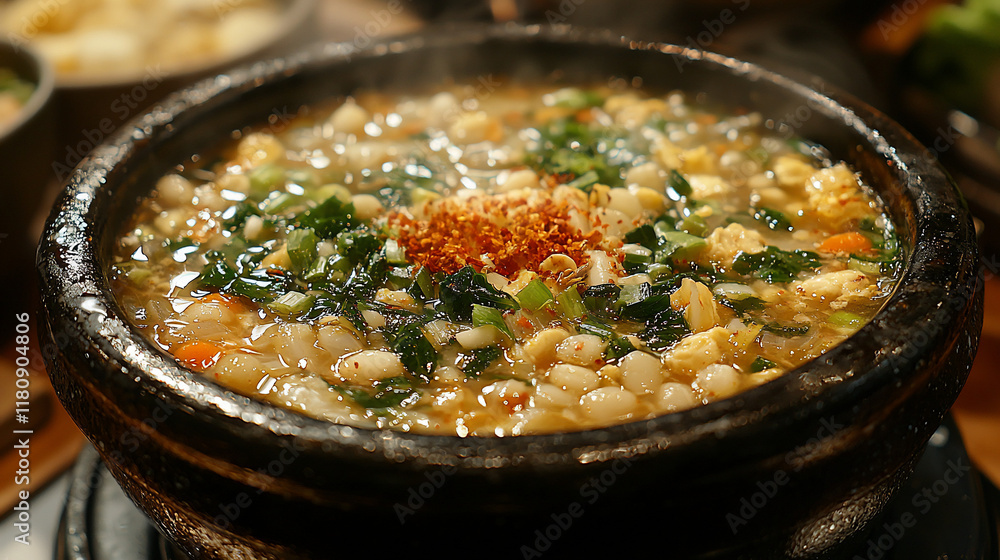 Steaming hot pot with vegetables, beans, and egg. Steaming hot pot with vegetables, beans, and egg.