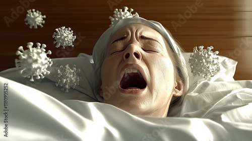 Human Metapneumovirus Outbreak Patient Struggles in Hospital Room Medical Condition Close-up Viral Infection
