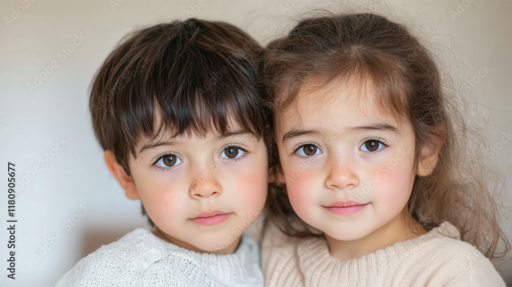Two Children Smiling and Looking into the Camera in a Close-Up Portrait, Capturing Innocence and Joy with Natural Expressions and Soft Lighting Two Children Smiling and Looking into the Camera in a Close-Up Portrait, Capturing Innocence and Joy with Natural Expressions and Soft Lighting