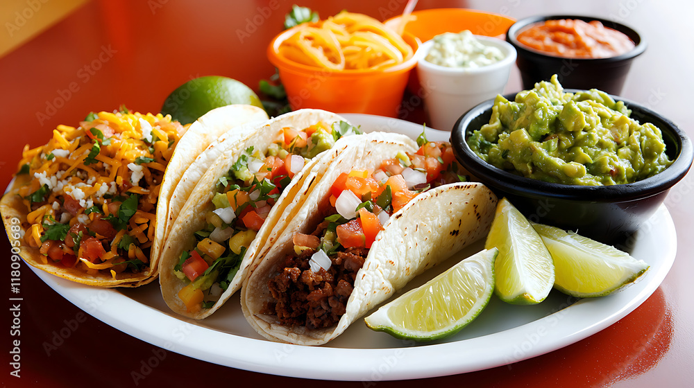 A plate of three tacos with lime wedges and a bowl of guacamole. generated using AI