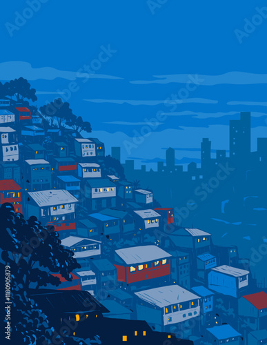 WPA poster art of the favela, a common term for Brazilian slum located in Rio de Janeiro, Brazil in Latin America done in works project administration  or federal art project style.
