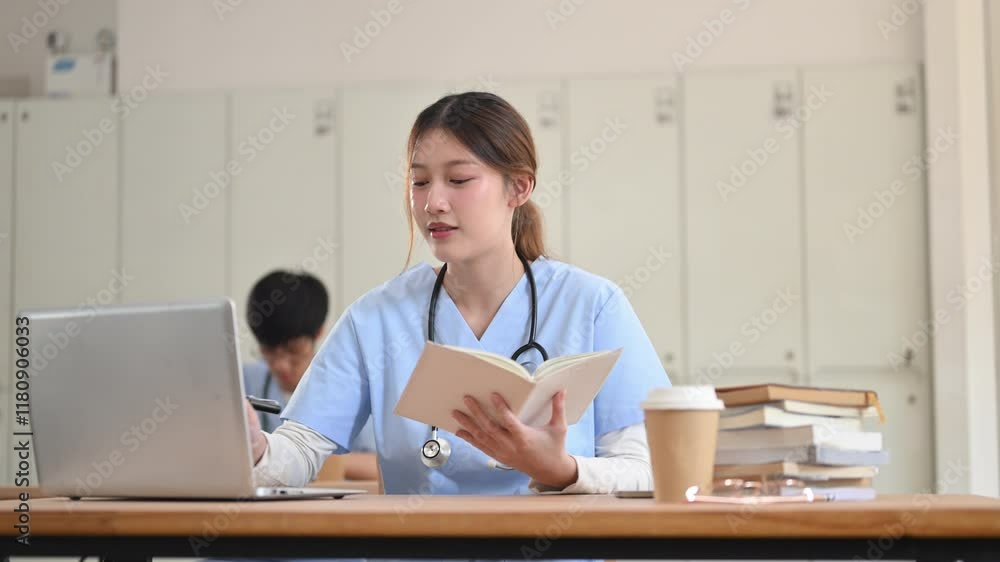 Focused young medical student in blue scrubs reading a book at desk in a modern classroom