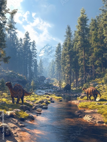 Fototapeta Naklejka Na Ścianę i Meble -  A serene prehistoric landscape featuring dinosaurs near a stream amidst lush forests and mountains.