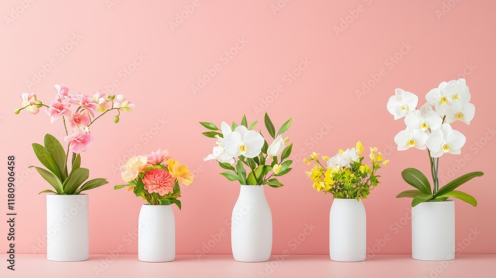 Naklejka premium A row of white vases with flowers in them