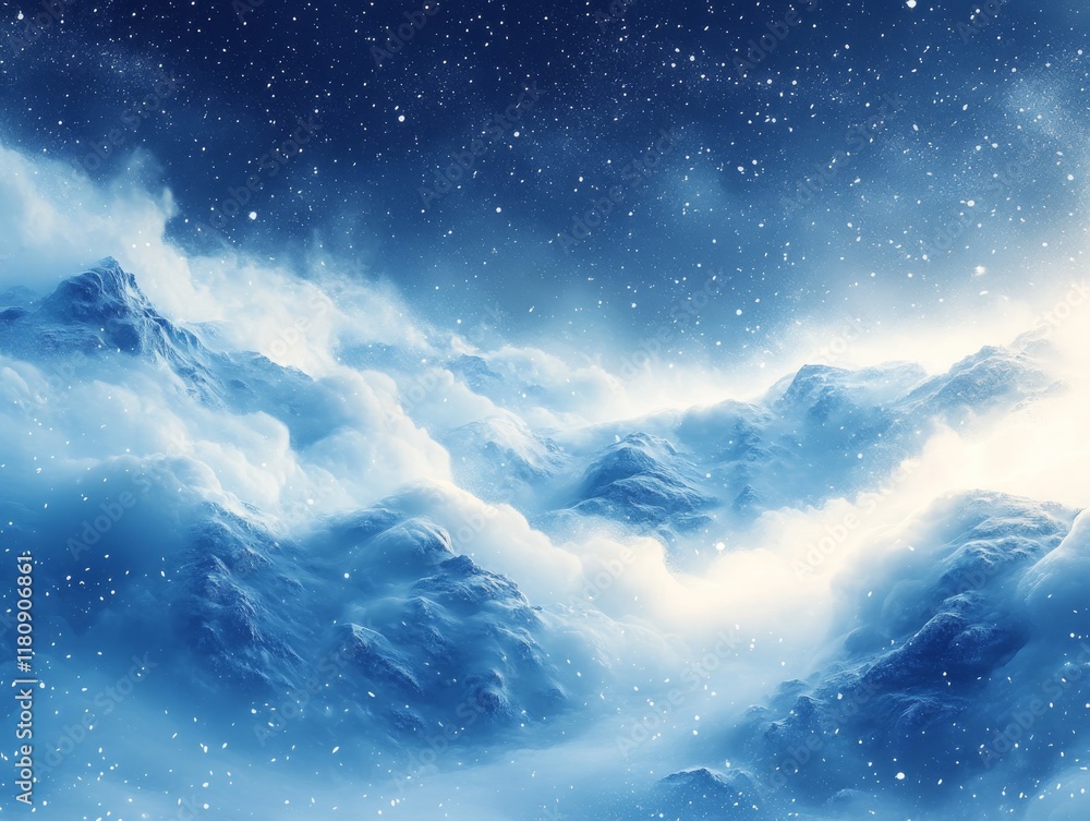 Obraz premium An abstract winter scene with a textured blue background reminiscent of snow-covered mountains. Delicate white flowers and frosted branches add depth and a touch of nature to the composition.