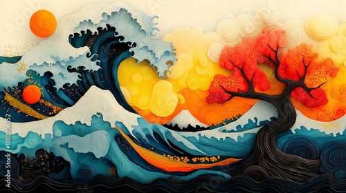 Dynamic nature scene with waves and trees beautiful landscape abstract art vivid colors