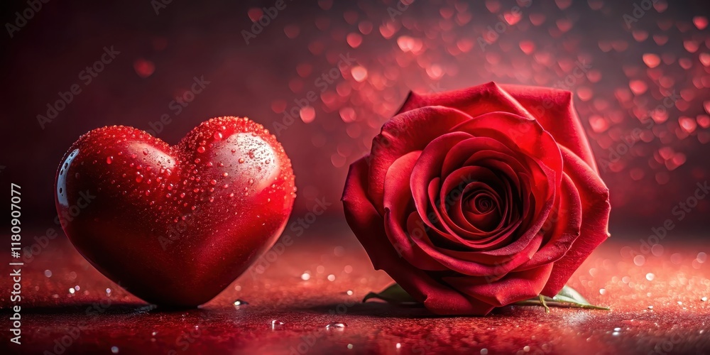 Romantic red rose and heart with water droplets on a sparkling background Romantic red rose and heart with water droplets on a sparkling background