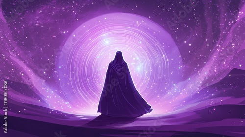 A cloaked figure approaches a cosmic purple portal photo