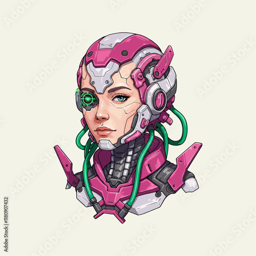 A stylized illustration depicts a female cyborg head and shoulders, showcasing pink robotic headgear and green tubes.