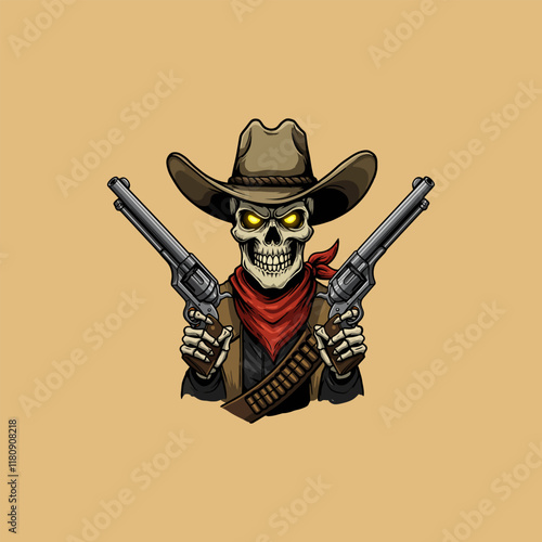 A skull wearing a cowboy hat and bandana holds two revolvers ready to fire.