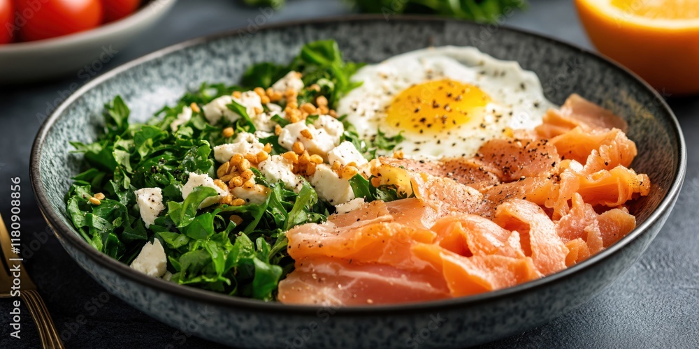 Fresh and Healthy Bowl with Salmon, Greens, Egg, and Nuts on Dark Table Fresh and Healthy Bowl with Salmon, Greens, Egg, and Nuts on Dark Table