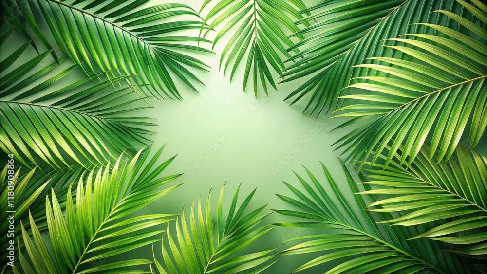 Fototapeta premium Lush Green Palm Fronds Arranged in a Circular Frame on a Soft Green Background