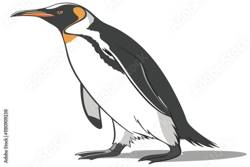 Emperor penguin, realistic, detailed feathers, black and white plumage, orange accents, side profile, standing pose, glossy beak, flippers, water-resistant coat, Antarctic wildlife, photorealistic, hi photo