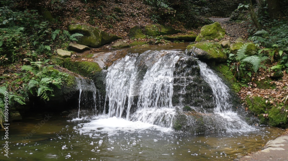 Fototapeta premium Small waterfall flows into pond, forest backdrop, for nature, calm, or outdoors use