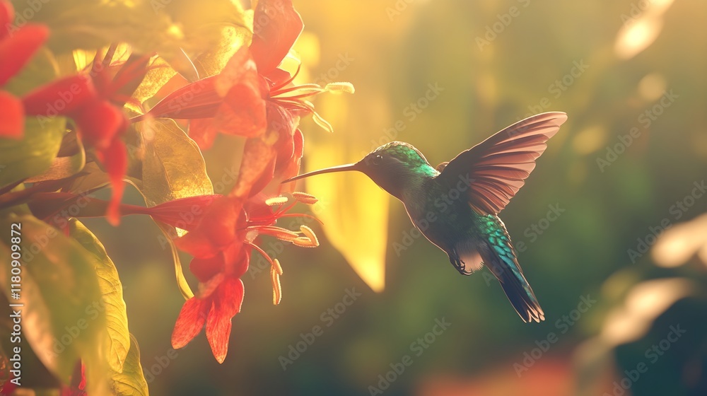 Naklejka premium A photo of a hummingbird sipping nectar from a brightly colored flower.