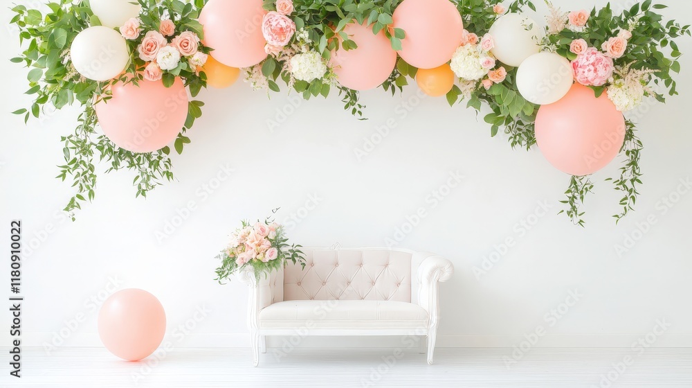 Fototapeta premium A white couch is in front of a wall with pink and white balloons and flowers