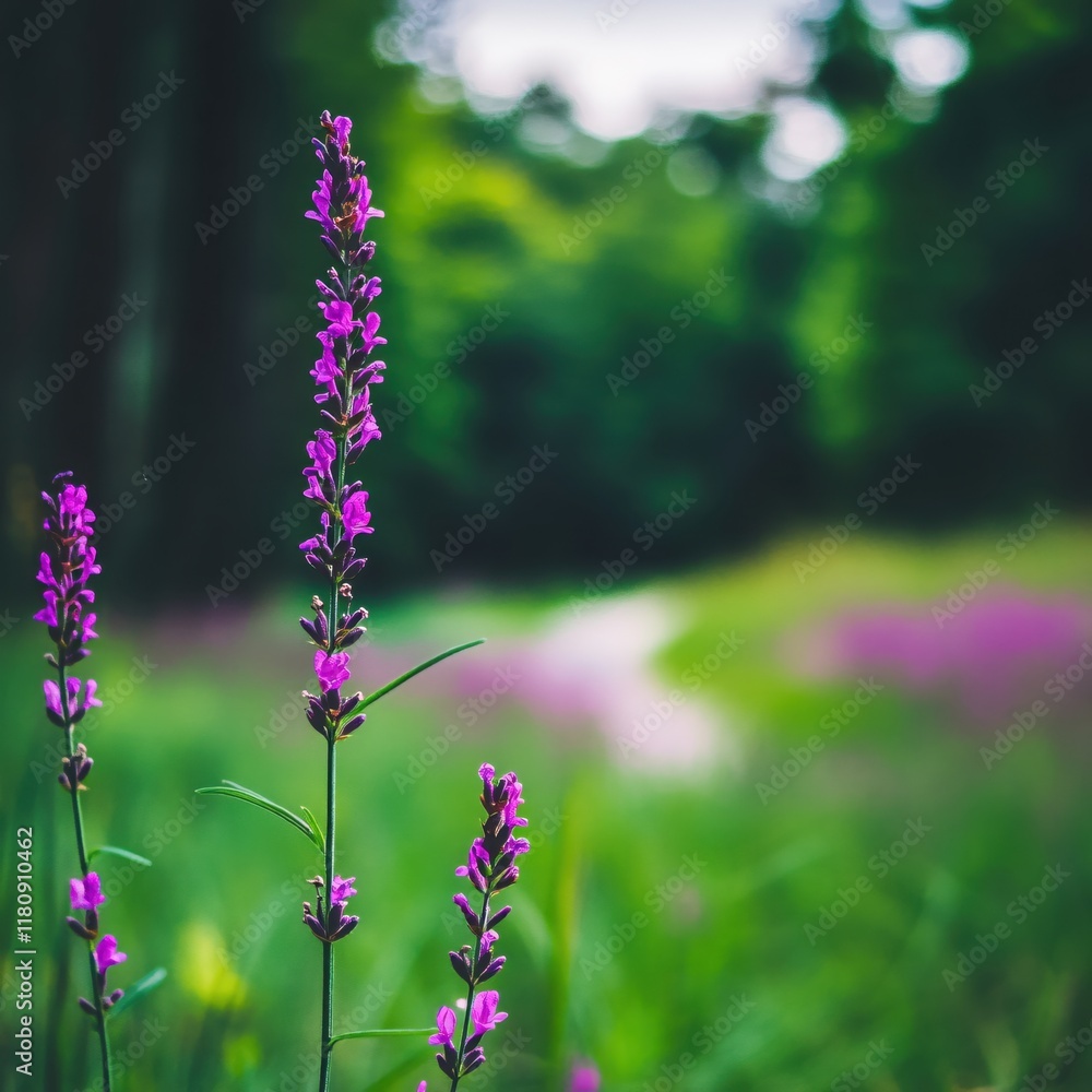 Obraz premium Lush Green Landscape with Vibrant Pink Wildflowers Gracefully Standing Tall in Spring