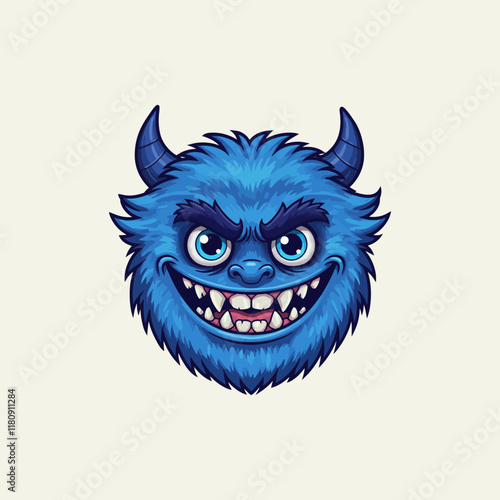 The image shows a cartoon illustration of a blue furry monster head with horns and a wide toothy grin.