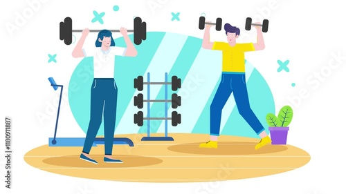 two people workout in gym together weightlifting business illustration animated video