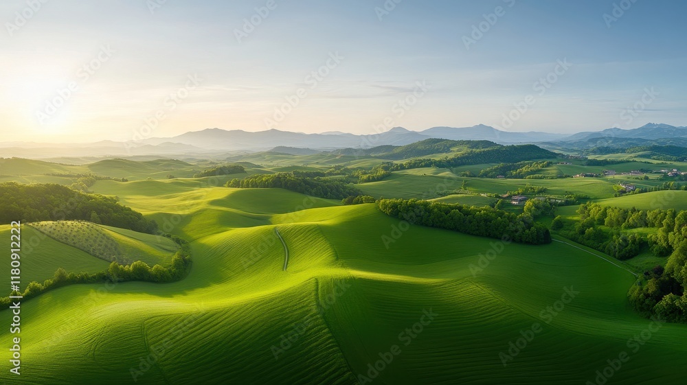 Fototapeta premium Wide Angle View of a Vibrant and Positive Landscape, Capturing Nature's Beauty and Energy
