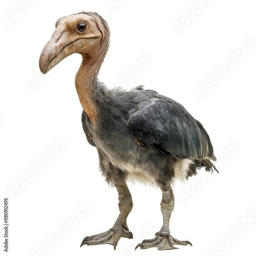 a large. prehistoric-looking bird with a distinctively elongated neck and a unique head shape. resembling a combination of a vulture and other avian species its feathers are dark. and it stands uprigh photo