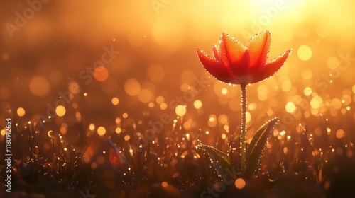 Single red tulip in sunrise meadow photo