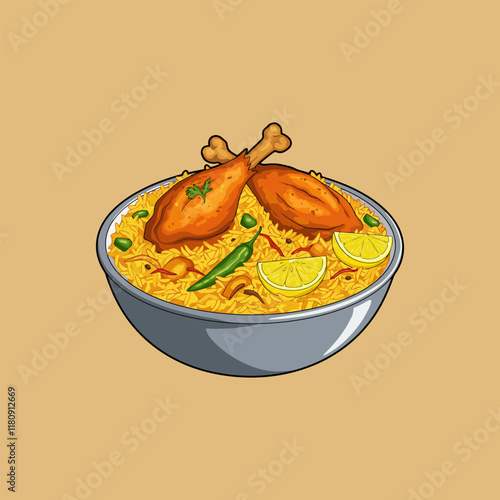 A bowl of chicken biryani with lemon wedges and green chilies is illustrated in a cartoon style.