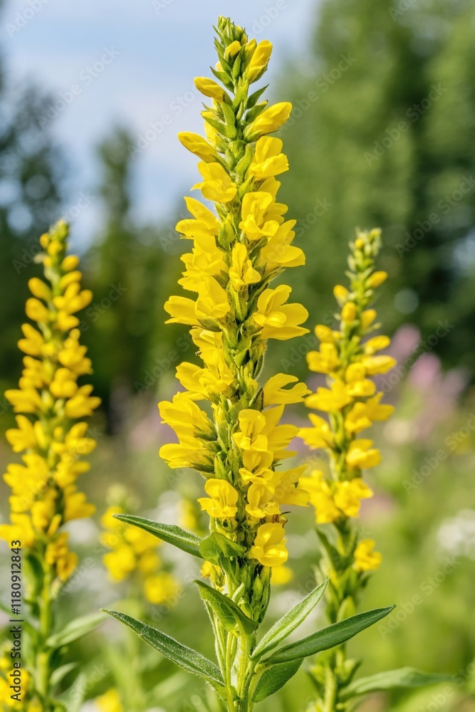 Obraz premium Bright Yellow Flowers in Bloom Against a Scenic Nature Background on a Sunny Day