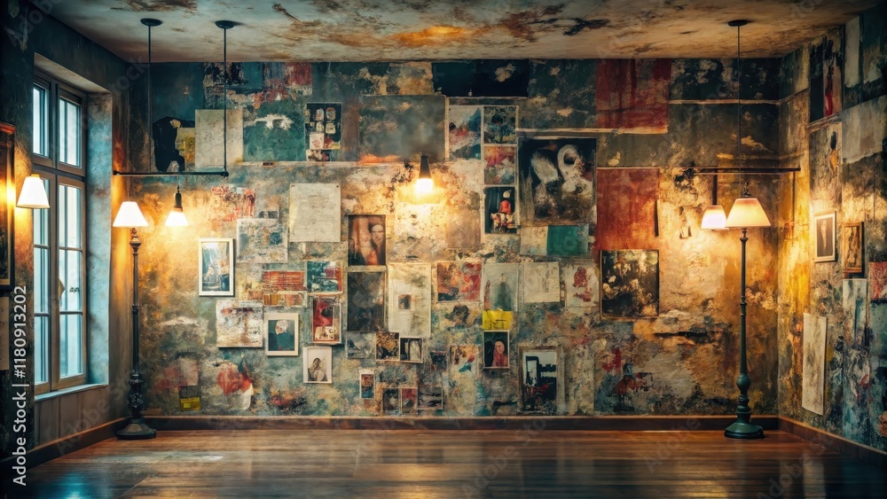 Fototapeta premium Rustic Interior with Wall Decorated with an Array of Artwork and Illuminated by Elegant Floor Lamps